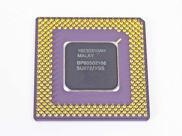 Intel Pentium 166MHz BP80502166 SU072/VSS processor — front die and gold pin array view
