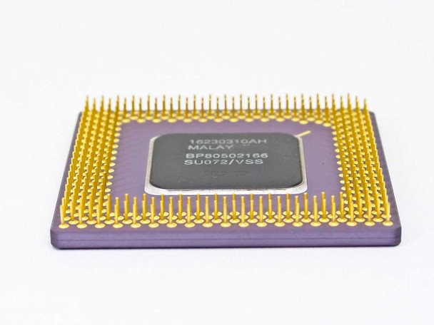 Intel Pentium 166MHz BP80502166 SU072 Socket 7 CPU — angled side view showing gold pin contacts