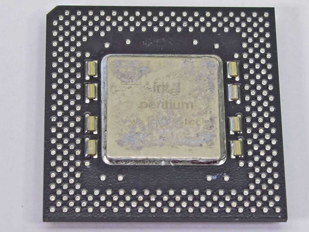 Intel Pentium MMX SL27H FV80503166 Socket 7 CPU — top/lid view showing Intel Pentium branding and ceramic package with solder contacts