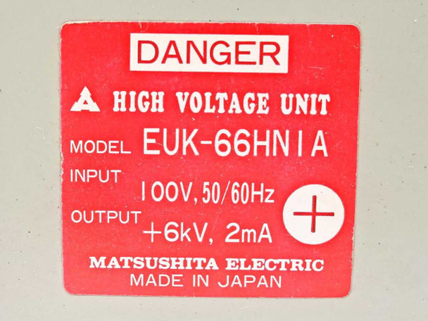 Matsushita EUK-66HN1A rating label close-up — reads DANGER HIGH VOLTAGE UNIT, Model EUK-66HN1A, Input 100V 50/60Hz, Output +6kV 2mA, Matsushita Electric Made in Japan