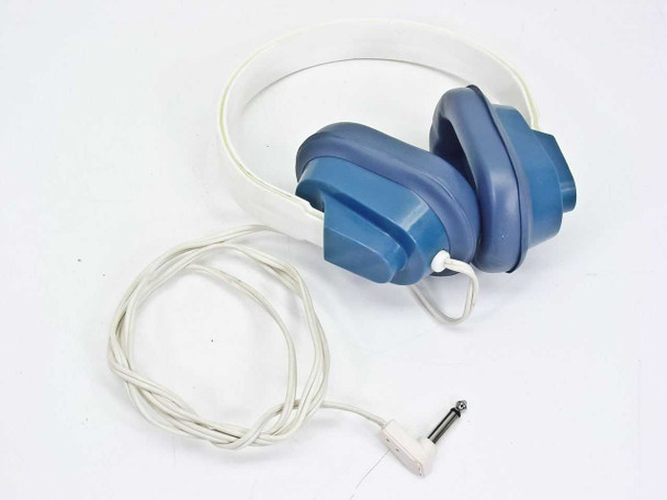 H88 unbranded vintage over-ear headphones in blue and white, full view with white cable and 1/4 inch mono jack