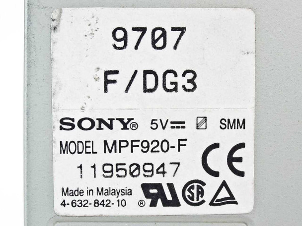 Sony MPF920-F label closeup – model MPF920-F, date code 9707, F/DG3, serial 11950947, Made in Malaysia