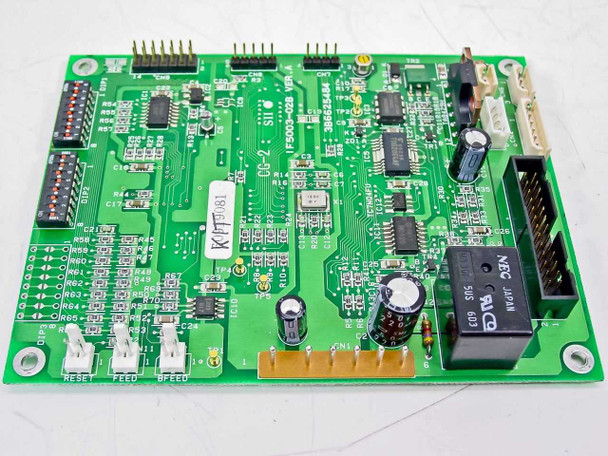 Seiko SII IF5003-02B – angled view of component side showing RESET, FEED, BFEED test points, parallel connector, and DIP switches