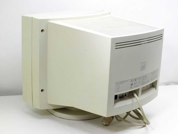 Nokia 447L CRT monitor rear view showing ventilation grille, cable routing, and tilt-swivel base