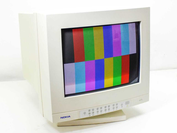 Nokia 447L 17-inch CRT monitor front three-quarter view displaying color bar test pattern, beige housing with front-panel controls