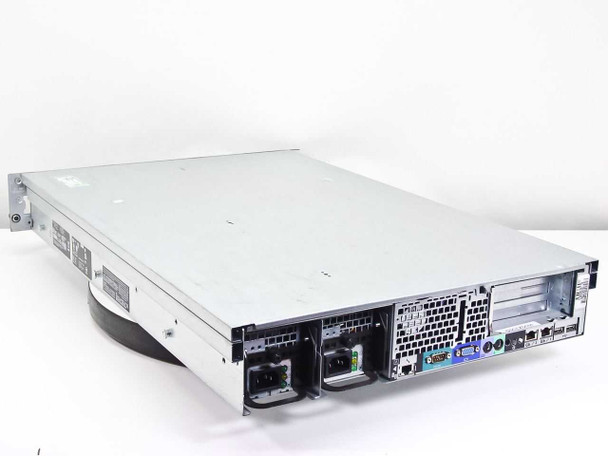Dell PowerEdge 2850 server rear view showing dual power supply inlets, dual Gigabit Ethernet ports, VGA, USB, and expansion slots