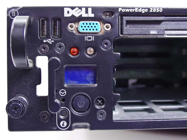 Dell PowerEdge 2850 front panel close-up showing dual USB ports, DB15 VGA connector, LCD status display, power button, and indicator LEDs