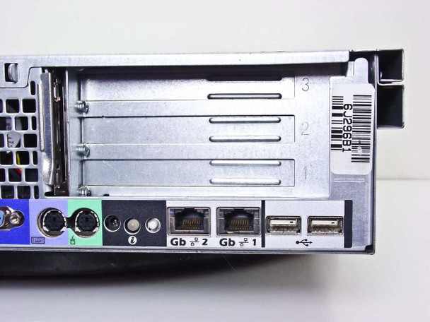 Dell PowerEdge 2850 rear panel showing dual Gigabit Ethernet ports (Gb 1, Gb 2), dual USB ports, and three rear expansion slot covers