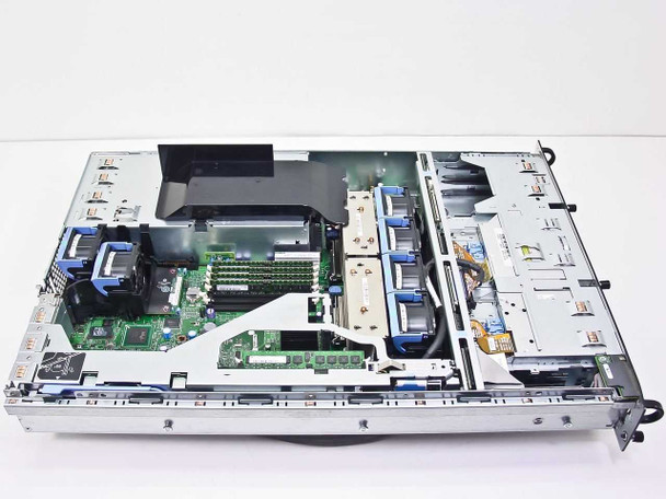 Dell PowerEdge 2850 interior view with cover removed showing motherboard, memory DIMM slots, processor heatsinks, fan modules, and drive backplane