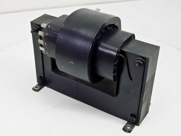 Quality Transformer Electronics Varian MED 4950 klystron transformer inductor — front-left three-quarter view showing toroidal winding on laminated core with mounting feet