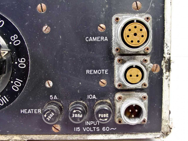 Photo-Sonics 16mm-1B Power Supply right panel detail showing Camera and Remote multi-pin connectors, 5A and 10A fuse holders, and 115 Volts 60Hz AC input connector