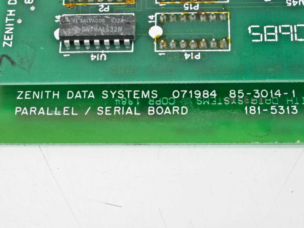 Close-up of Zenith Data Systems board label reading '85-3014-1 Parallel / Serial Board 071984 181-5313'