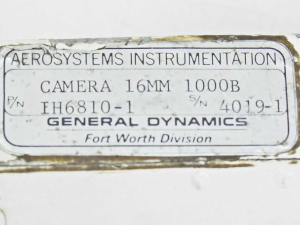 General Dynamics Aerosystems Instrumentation label on Traid 1000-B Camera – P/N IH6810-1, S/N 4019-1, Fort Worth Division