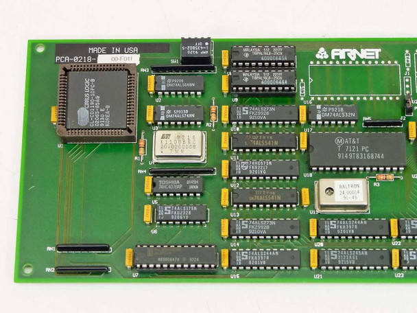 Arnet ArnetFAX 30001092 close-up of main ICs including AT&T T7121 PC chip and supporting logic