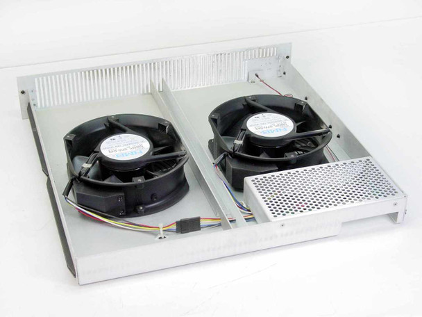 Cabletron 9C406 fan tray — rear/underside view showing dual NMB fans with multi-color wiring harnesses and small PCB assembly