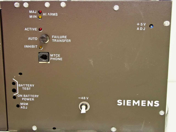 Siemens V30141 power supply front panel close-up — right section showing MAJ/MIN alarm LEDs, Active LED, Auto/Inhibit Failure Transfer switch, MTCE Phone RJ jack, Battery Test switch, On Battery Power indicator, MSM ADJ, -48V switch, and +5V ADJ trimmer