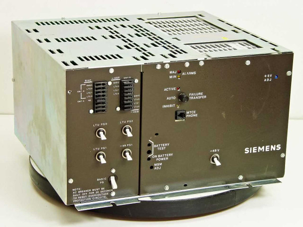 Siemens V30141-Z0113-A018-2-B900 48VDC telecom power supply rectifier — front panel left side showing LTU PS0, LTU PS1, LTU PS2, -48 PS1, Basic PS switches, RAC and -48P terminal blocks, and GMT fuse blocks