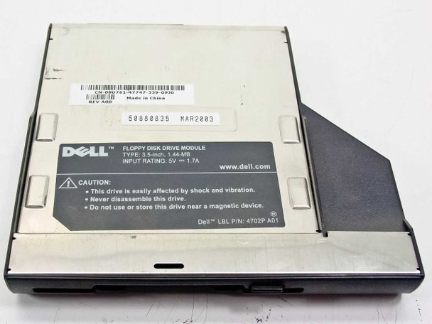 Dell 8U761 floppy drive module – bottom view with Dell label showing 3.5-inch 1.44MB type, 5V 1.7A input rating, manufacture date MAR 2003