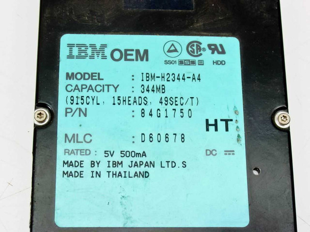 IBM OEM H2344-A4 drive label close-up showing model IBM-H2344-A4, capacity 344MB, P/N 84G1750, 5V 500mA rating, made in Thailand