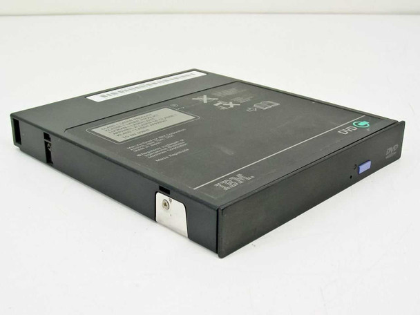 IBM ThinkPad UltraBay DVD-ROM Drive 05K9065 — top angled view showing IBM logo, DVD logo, and blue eject button on black module