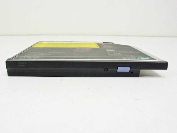IBM 08K9647 ThinkPad DVD-ROM drive — side profile view showing slim form factor, DVD logo on bezel, and blue eject button