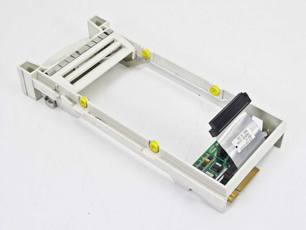 Premier 118-027475 SCSI Hot-Swap Drive Caddy — side angled view showing gold-finger backplane connector edge and interposer PCB