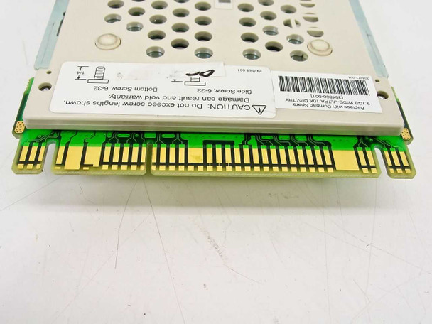 Compaq 199880-001 caddy underside view showing PCB edge connector, caution label with screw size specifications, and barcode label