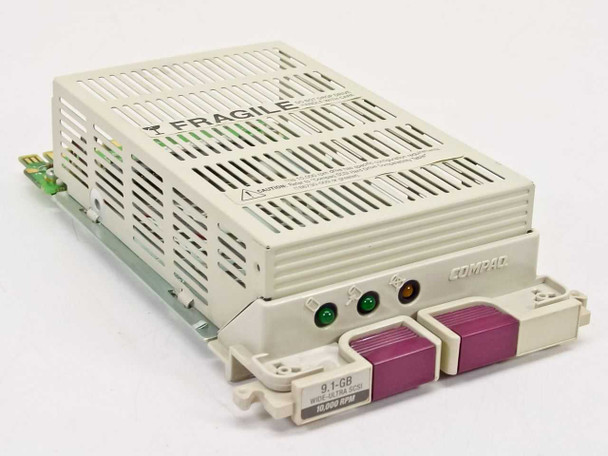 Compaq 199880-001 half height hard drive caddy front and side view showing Compaq branding, status LEDs, and purple drive handles