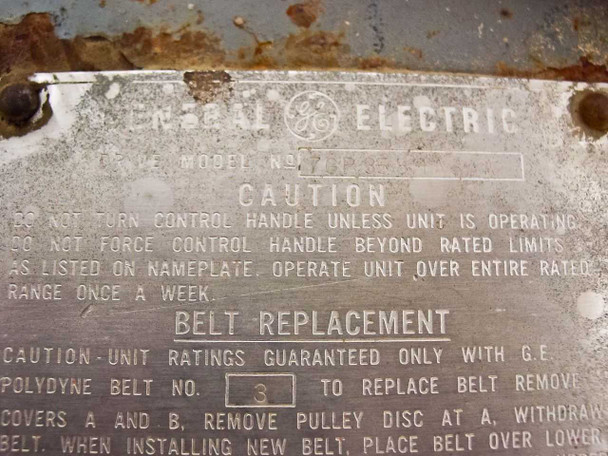 General Electric drive nameplate showing model number, caution instructions, and belt replacement guide with GE Polydyne Belt No. 3 specification