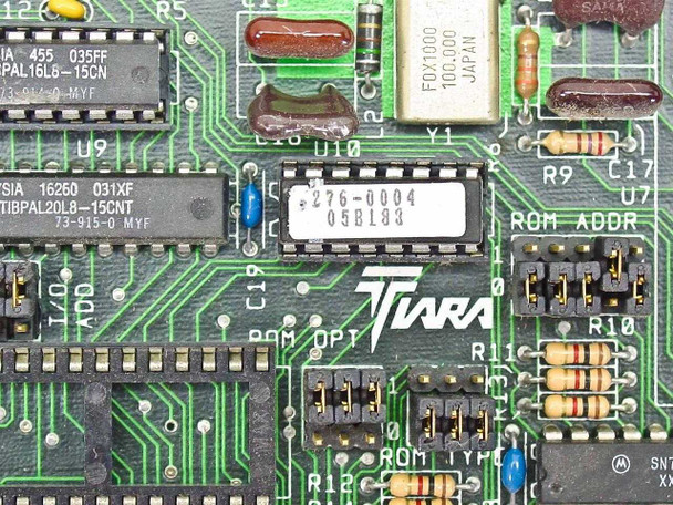 Tiara Lancard/E AT close-up of center PCB area showing Tiara logo, ROM option headers, and sticker 276-0004 / 05B183