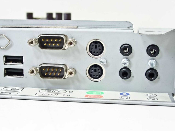 Compaq 296669-001 rear I/O panel — dual USB ports, two DB9 serial ports, two PS/2 ports, and audio jacks (line-in, line-out, mic)