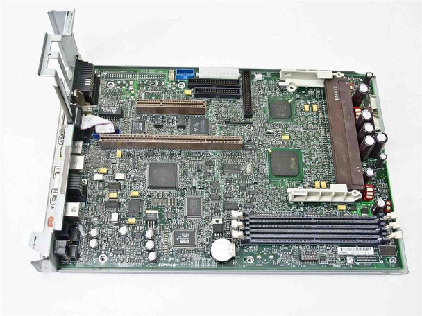 Compaq 296669-001 Pentium II Slot 1 motherboard mounted in metal chassis tray — full board top view