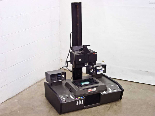Mangum Sickles Industries 01-9996 Film Duplicator – full front three-quarter view showing vertical column, base unit with controls, and side accessory module
