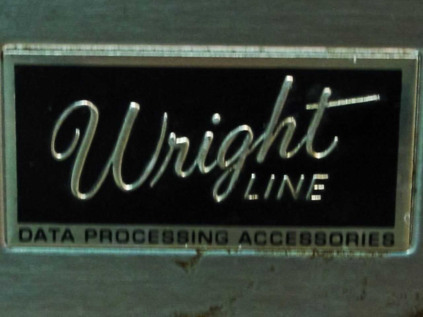 Wright Line Data Processing Accessories badge — black and chrome nameplate on brushed aluminum base of cart