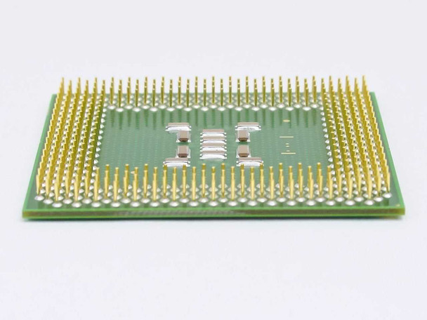 Intel Pentium III SL43J Socket 370 CPU — angled side view showing gold pin array and PCB edge detail