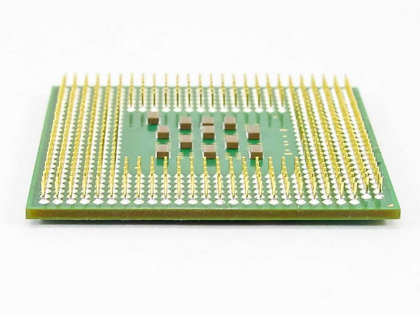 Intel SL6J2 Celeron Mobile CPU – side edge view showing pin height and PCB thickness
