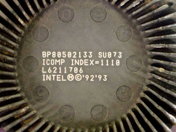 Intel Pentium BP80502133 SU073 CPU — top of radial heatsink showing printed markings: BP80502133 SU073, ICOMP INDEX=1110, L6211706, INTEL © '92 '93