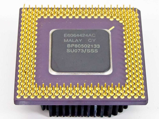 Intel Pentium BP80502133 SU073 133MHz Socket 7 CPU — top view showing gold pins and integrated heatsink base with markings E6064424AC, MALAY CY, BP80502133, SU073/SSS
