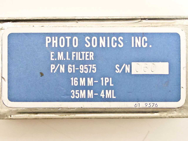 Close-up of Photo Sonics Inc blue label showing E.M.I. Filter, P/N 61-9575, 16MM-1PL, 35MM-4ML markings