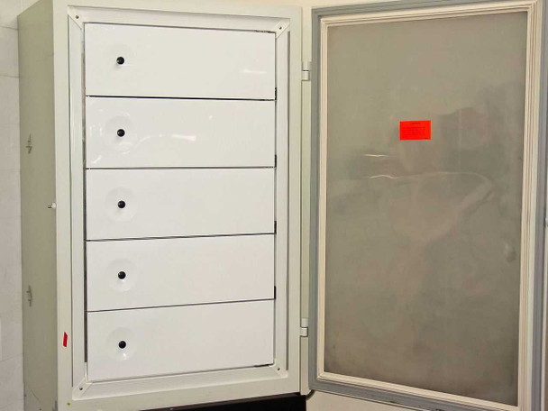 Queue Systems QU2195D12 Cryostar – interior view showing five inner door insulation panels closed and outer glass-panel door open