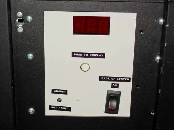 Queue Systems QU2195D12 – lower front control panel showing red LED setpoint display, Push to Display button, Adjust and Set Point controls, and Backup System On toggle switch