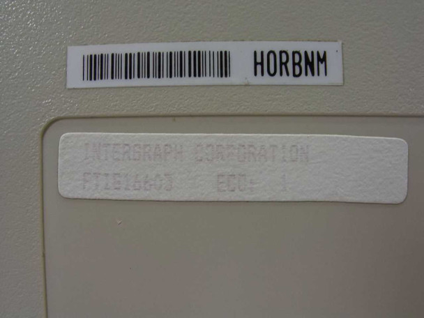 Intergraph FTIS16603 label on underside reading 'Intergraph Corporation FTIS16603 ECO: 1' with barcode asset tag