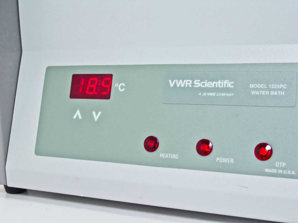 VWR Scientific 1225PC front panel close-up showing LED display at 18.9°C, up/down controls, Heating, Power, and OTP indicator lights