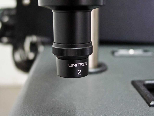Close-up of Unitron 2x eyepiece attached to the Delsa 440SX optical assembly