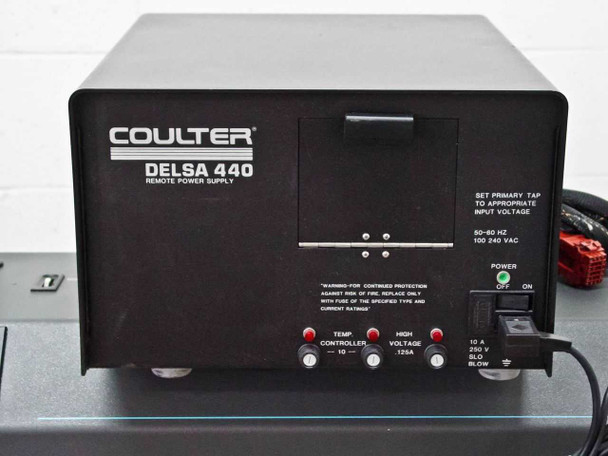 Coulter Delsa 440 Remote Power Supply front panel showing Temp Controller and High Voltage fuse/indicator section, DC Volts analog meter, power switch, and 100–240 VAC 50–60 Hz input label