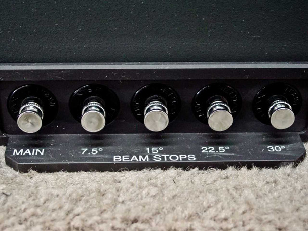 Beam stop row on Delsa 440SX showing five knobs labeled Main, 7.5°, 15°, 22.5°, and 30° Beam Stops