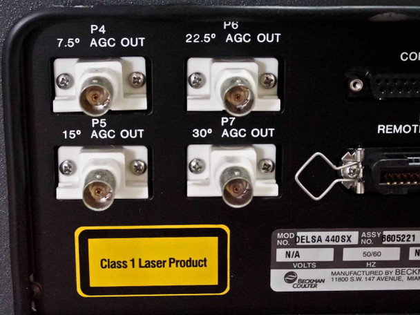 Delsa 440SX rear panel showing four BNC AGC OUT connectors (P4 7.5°, P5 15°, P6 22.5°, P7 30°), Class 1 Laser Product label, and partial rating plate with assembly number 6605221
