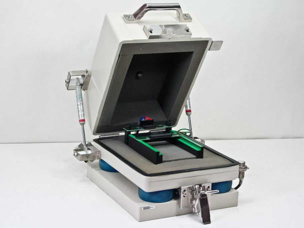 IMES SA2-40P Acoustic Sound Test Chamber — lid open showing foam-lined interior, SA2-40P and SA2-80P green PCB interface boards installed, blue vibration isolators under base, front latch visible