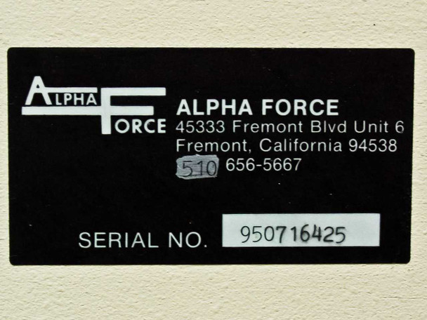 Alpha Force identification label — serial number 950716425, address 45333 Fremont Blvd Unit 6, Fremont, CA 94538