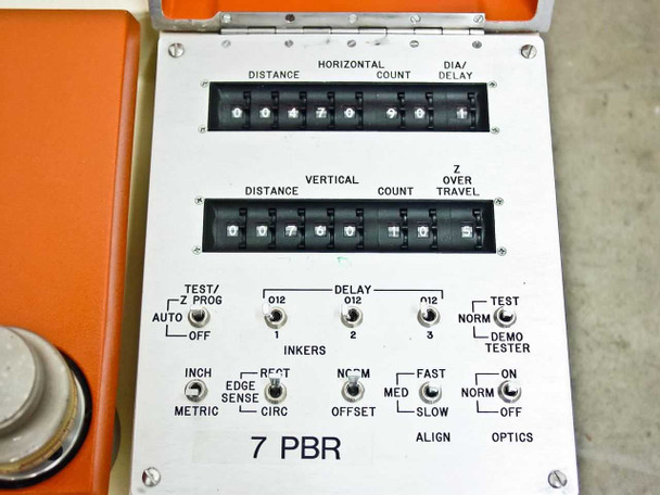 7 PBR parameter configuration panel — thumbwheel switches for Horizontal Distance/Count/DIA-Delay and Vertical Distance/Count/Z Over Travel; INKER delay switches; INCH/METRIC, EDGE SENSE, ALIGN, OPTICS, TEST/PROG mode switches